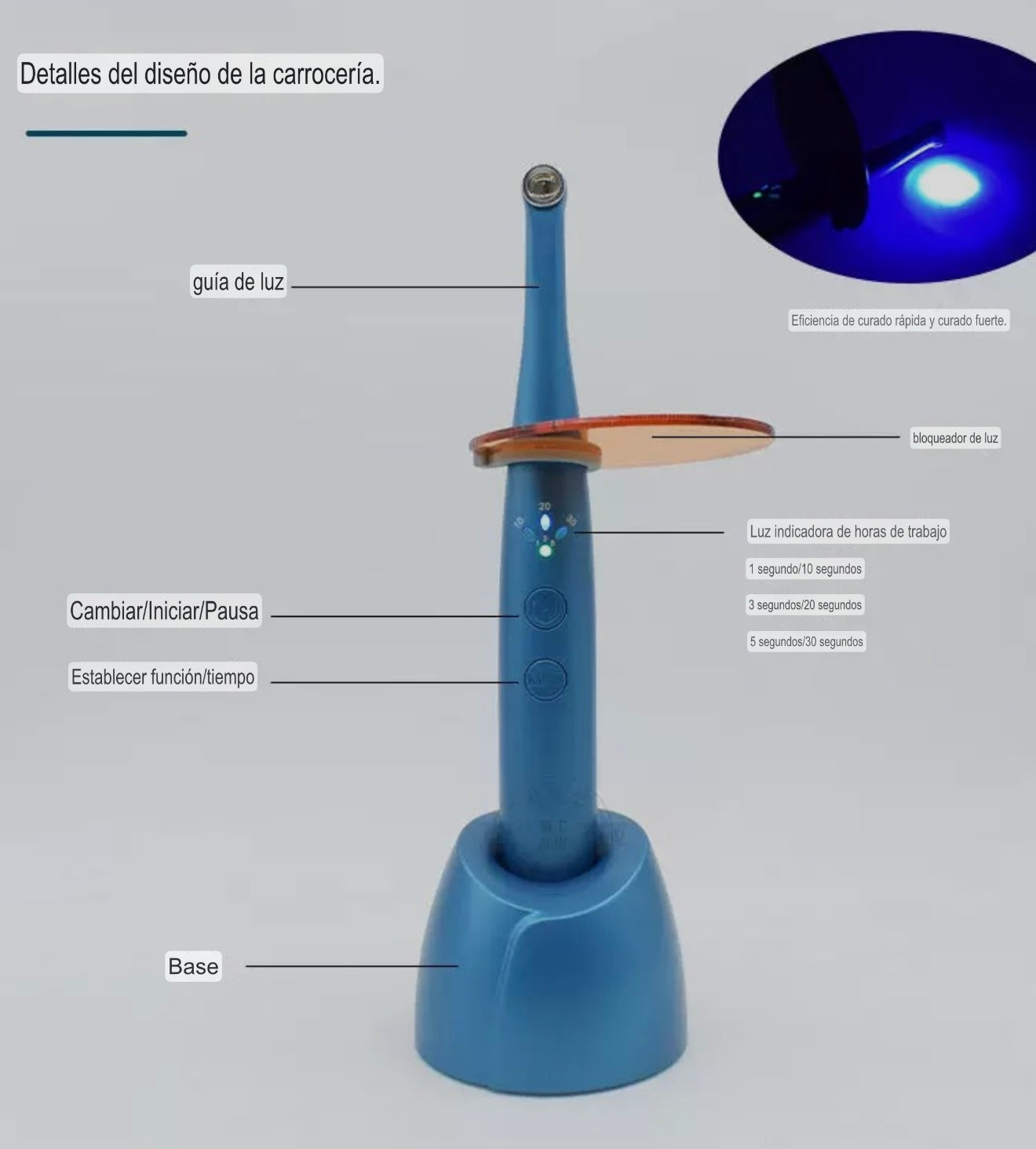 Lámpara de fotocurado de 1 segundo con digital LED y 7 cabezales de trabajo
